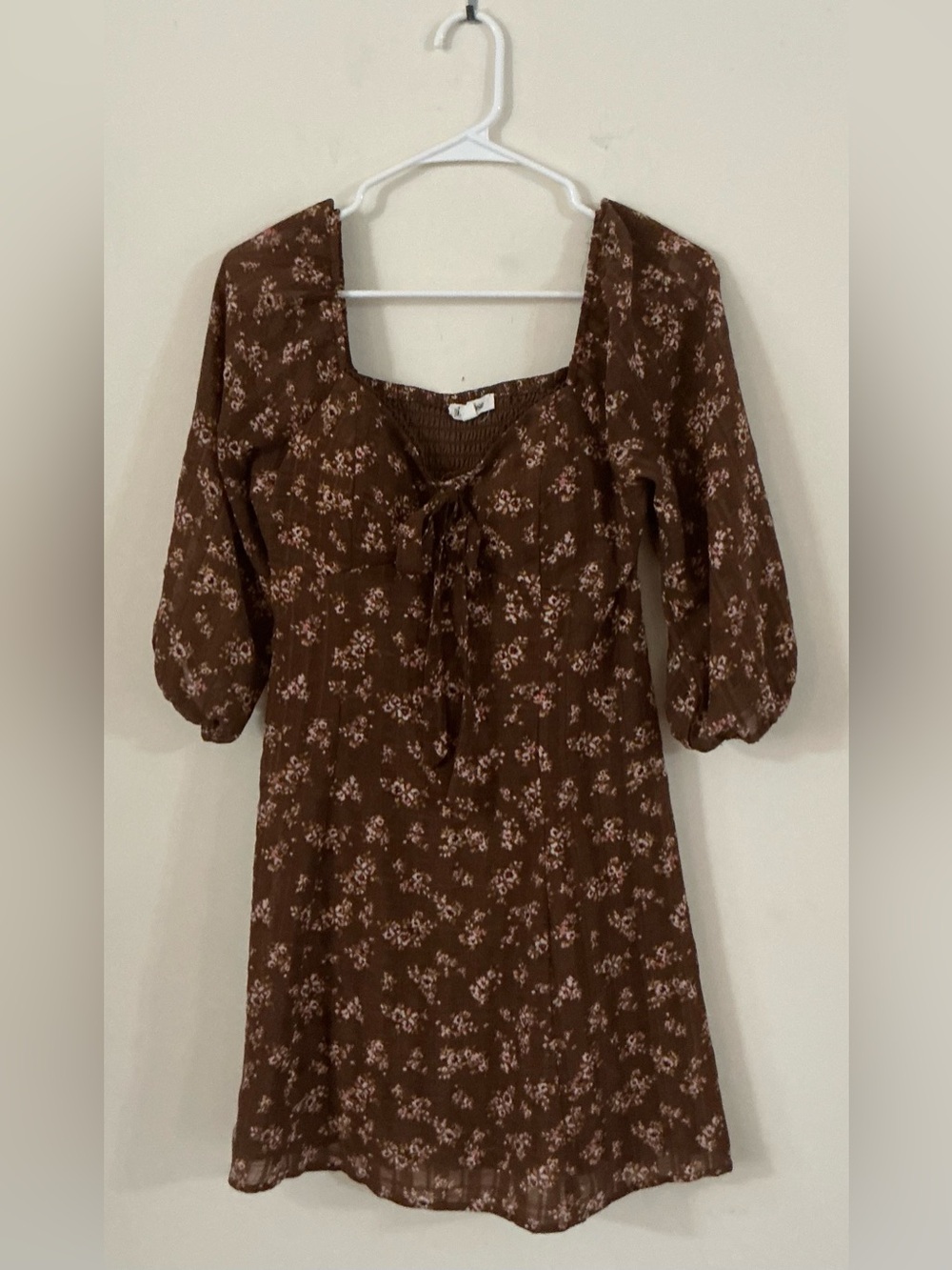 Lily Rose Brown Floral Peasant Dress with Puff Sleeves, Sweetheart Neckline, M